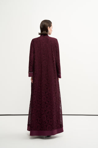 Dantelli ve Boncuk İşlemeli Abaya - mürdüm