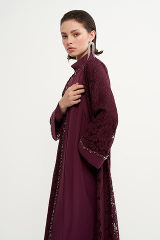 Dantelli ve Boncuk İşlemeli Abaya - mürdüm
