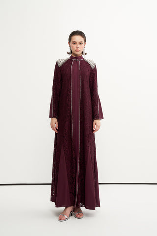 Ön Patı ve Omuzları Boncuk İşlemeli Abaya - mürdüm