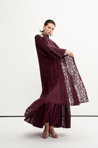 Ön Patı ve Omuzları Boncuk İşlemeli Abaya - mürdüm