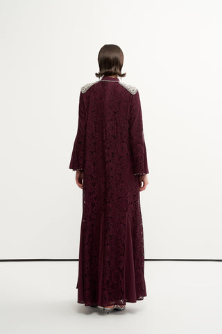 Ön Patı ve Omuzları Boncuk İşlemeli Abaya - mürdüm