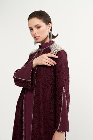 Ön Patı ve Omuzları Boncuk İşlemeli Abaya - mürdüm