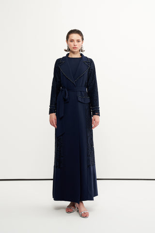 Boncuk İşlemeli Dantelli Abaya - lacivert