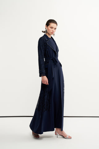 Boncuk İşlemeli Dantelli Abaya - lacivert