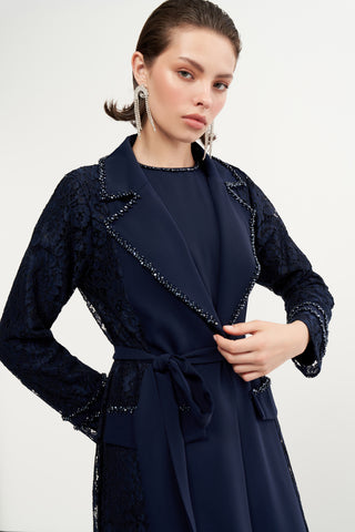 Boncuk İşlemeli Dantelli Abaya - lacivert