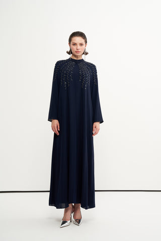 Boncuk İşlemeli ve Agraflı Abaya - lacivert