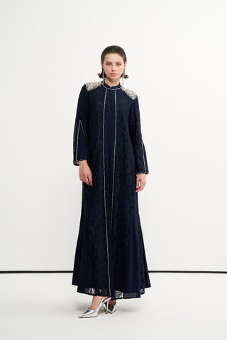 Ön Patı ve Omuzları Boncuk İşlemeli Abaya - lacivert