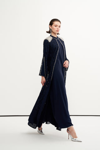 Ön Patı ve Omuzları Boncuk İşlemeli Abaya - lacivert