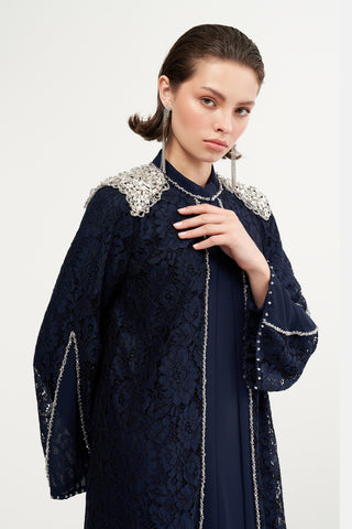 Ön Patı ve Omuzları Boncuk İşlemeli Abaya - lacivert