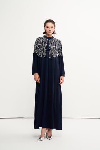 Yapıştırma Taş ve Çakım İnci Detaylı Abaya - lacivert