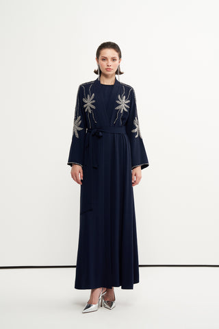 Omuz ve Omuz Altı Taş İşlemeli Abaya - lacivert