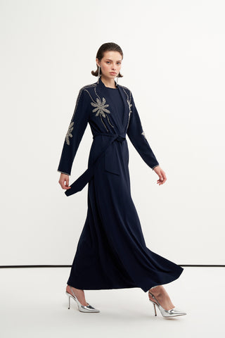 Omuz ve Omuz Altı Taş İşlemeli Abaya - lacivert