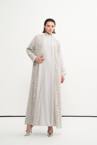 Boncuk İşlemeli Dantelli Abaya - bej