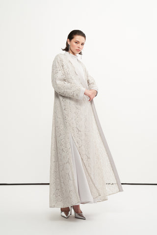 Boncuk İşlemeli Dantelli Abaya - bej