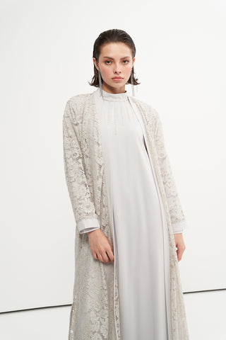 Boncuk İşlemeli Dantelli Abaya - bej