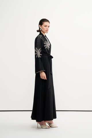 Omuz ve Omuz Altı Taş İşlemeli Abaya - siyah