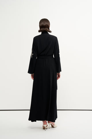 Omuz ve Omuz Altı Taş İşlemeli Abaya - siyah