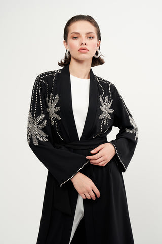Omuz ve Omuz Altı Taş İşlemeli Abaya - siyah