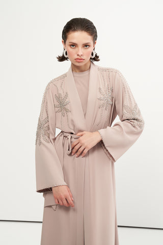 Omuz ve Omuz Altı Taş İşlemeli Abaya - koyu bej
