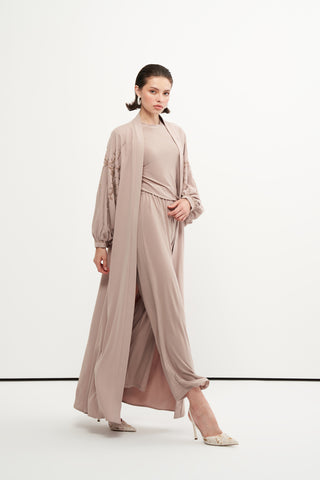 Yarasa Kol ve Boncuk İşleme Detaylı Abaya - koyu bej