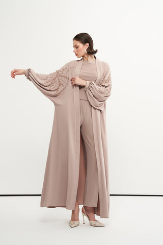 Yarasa Kol ve Boncuk İşleme Detaylı Abaya - koyu bej
