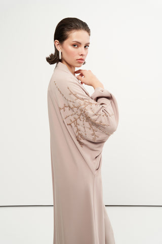 Yarasa Kol ve Boncuk İşleme Detaylı Abaya - koyu bej