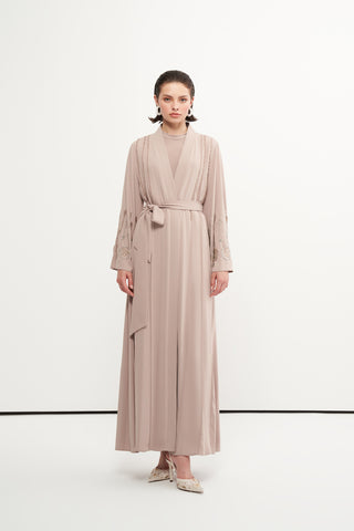 Boncuk İşleme Detaylı Abaya - koyu bej