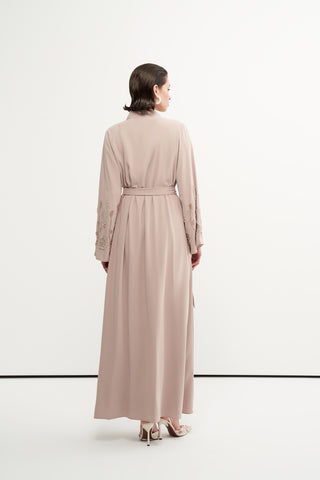 Boncuk İşleme Detaylı Abaya - koyu bej