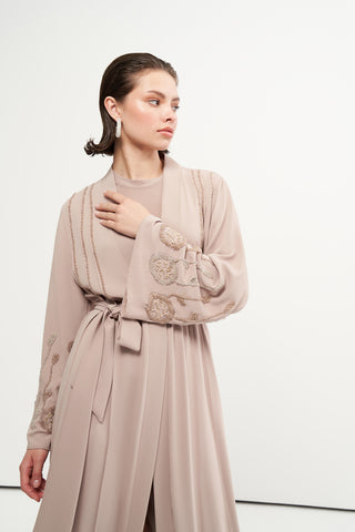 Boncuk İşleme Detaylı Abaya - koyu bej