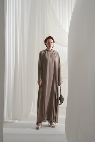 İçli Dışlı Elişi Detaylı Abaya Takım - koyu bej