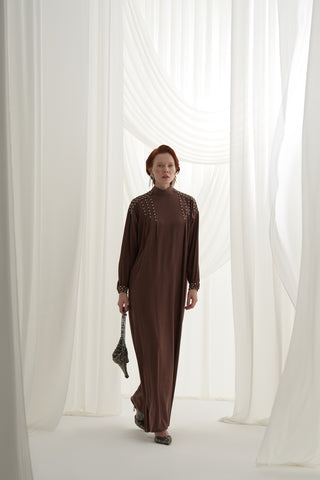 Jakar Elişi Detaylı Rahat Kalıp Elbise - kahve