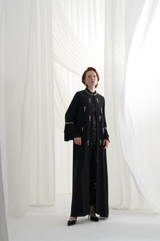 Yakası ve Kolları Dolama Taş İşleme Detaylı Abaya - siyah