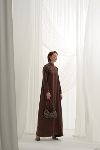 Jakar Elişi Detaylı Rahat Kalıp Elbise - kahve
