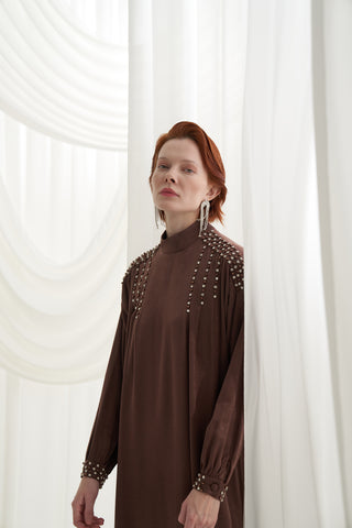 Jakar Elişi Detaylı Rahat Kalıp Elbise - kahve