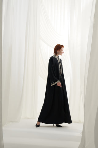 Kolları ve Yakası Elişi Detaylı Reglan Kol Abaya - siyah