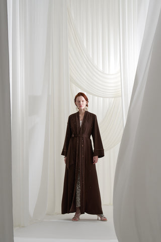 Ön Patı Taş İşleme Detaylı Abaya - kahve