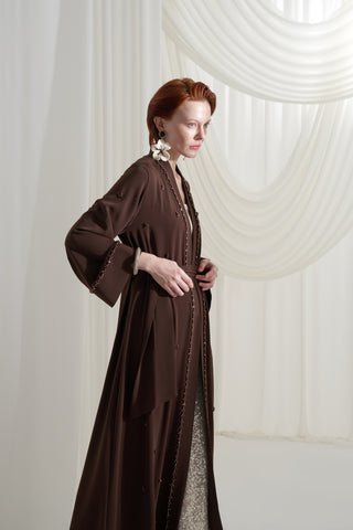 Ön Patı Taş İşleme Detaylı Abaya - kahve