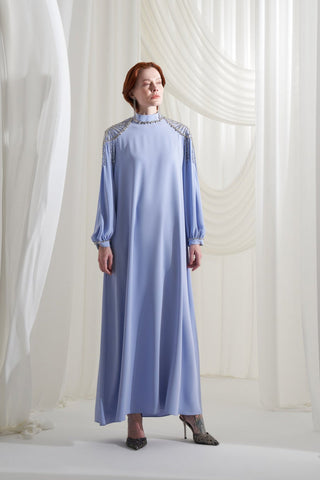 Kolları Şifon Detaylı Elişi İşlemeli Elbise - mavi