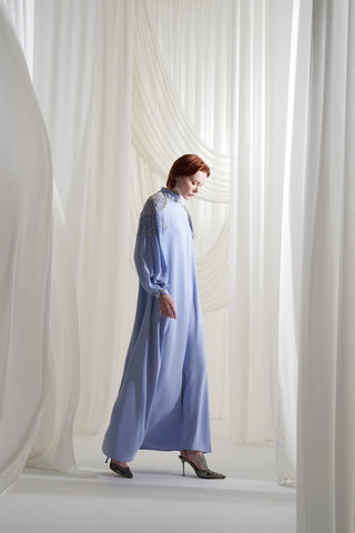 Kolları Şifon Detaylı Elişi İşlemeli Elbise - mavi