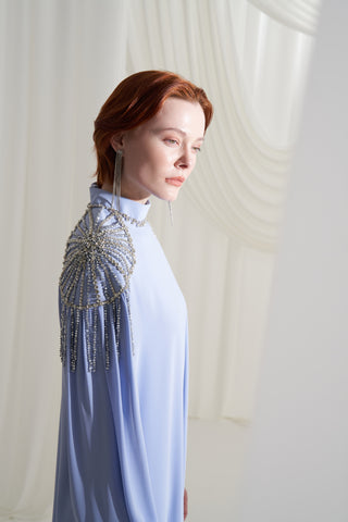 Kolları Şifon Detaylı Elişi İşlemeli Elbise - mavi