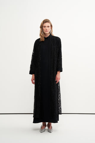 Dantelli ve Boncuk İşlemeli Abaya - siyah