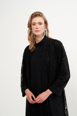 Dantelli ve Boncuk İşlemeli Abaya - siyah