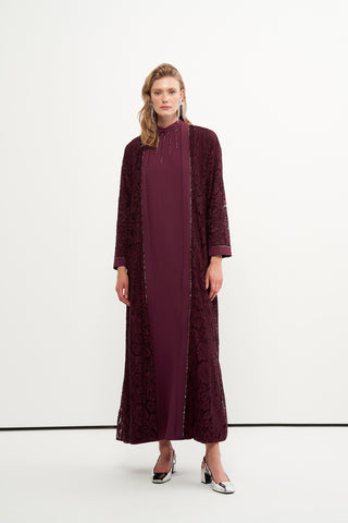 Boncuk İşlemeli Dantelli Abaya - mürdüm