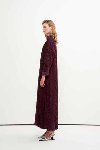 Boncuk İşlemeli Dantelli Abaya - mürdüm