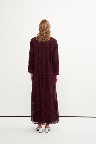 Boncuk İşlemeli Dantelli Abaya - mürdüm