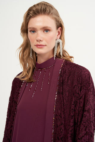 Boncuk İşlemeli Dantelli Abaya - mürdüm