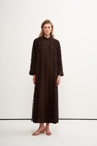 Boncuk İşlemeli Dantelli Abaya - kahve