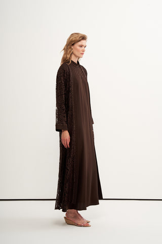 Boncuk İşlemeli Dantelli Abaya - kahve