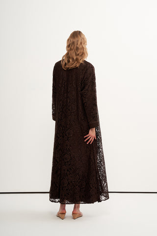 Boncuk İşlemeli Dantelli Abaya - kahve
