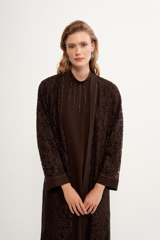 Boncuk İşlemeli Dantelli Abaya - kahve